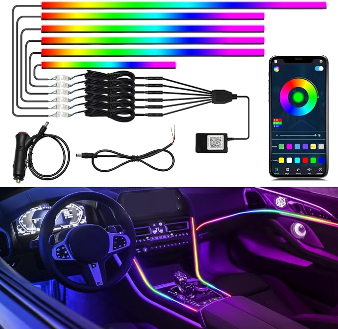 Dreamcolor Interior Car Lights, Car Accessories 6 in 1 Car LED Strip Lights with APP Control and 213 Modes, 175 inches 593 LEDs Acrylic Fiber Optic Lights, RGB Neon Light Kits
