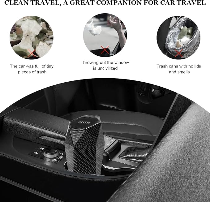 Car Trash Can with Lid, Diamond Design Leakproof Vehicle Cup Holder Garbage Can, Waterproof Trash Bin Mini Portable Garbage Organizer for Cars Homes Offices Bedrooms (Carbon Fiber)