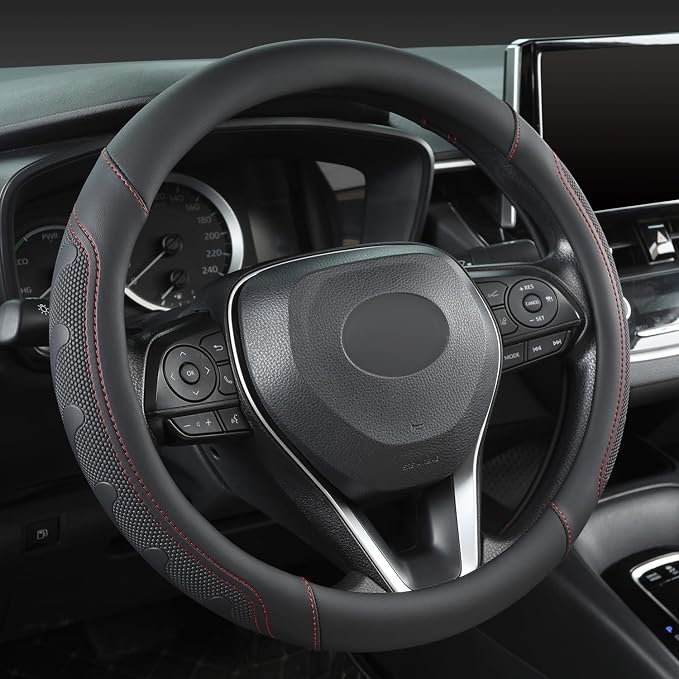 Car Steering Wheel Cover for Toyota RAV4,Camry,Highlander,Corolla,Prius,Tacoma,Standard Size - Black+Red Line