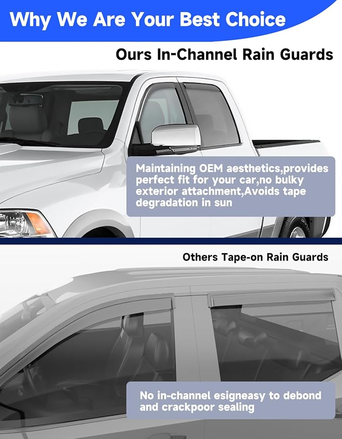 in-Channel Rain Guards Fit for Dodge RAM 2009-2018 Crew Cab/Dodge Ram 1500 Classic 2019-2024 Crew Cab, Window Rain Guards Visors Vent Visors Window Deflector Vent Shades Accessories
