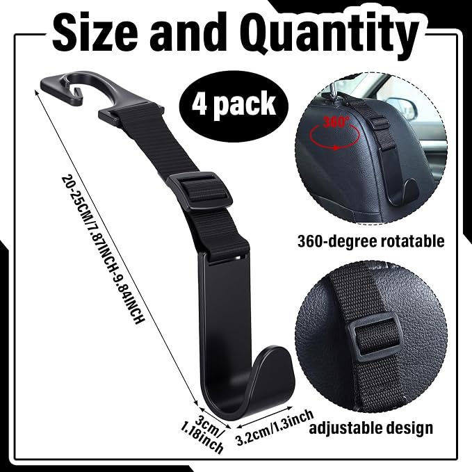 4 Pcs Hard Hat Hook for Truck Adjustable Hard Hat Holder Hardhat Holder for Truck Seat Back Organizer 55 lb Load Heavy Duty Hardhat Hanger Storage Car Vehicle Headrest Bag Gear(Black)