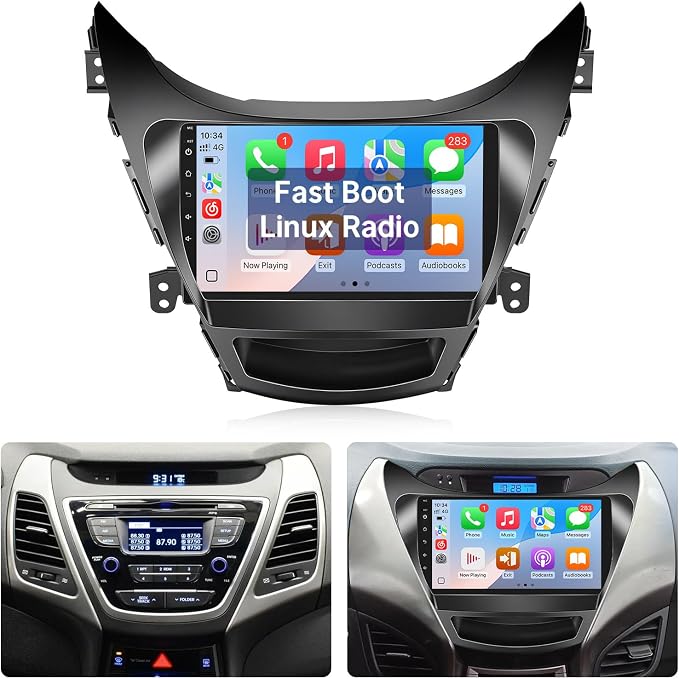 Linux Car Radio for Hyundai Elantra 2011 2012 2013 Fast Boot Stereo Replacement with Wireless Carplay Android Auto 9'' Touchscreen with Bluetooth MirrorLink SWC FM Backup Camera MIC