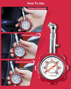 Tire Pressure Gauge, 5-60 PSI, ANSI B40.1 Certified, Extended 360° Swivel Head, Hold & Bleed Button, Dual Guard,Tire Gauges Fit for Cars and Motorcycles - Compact & Battery-Free