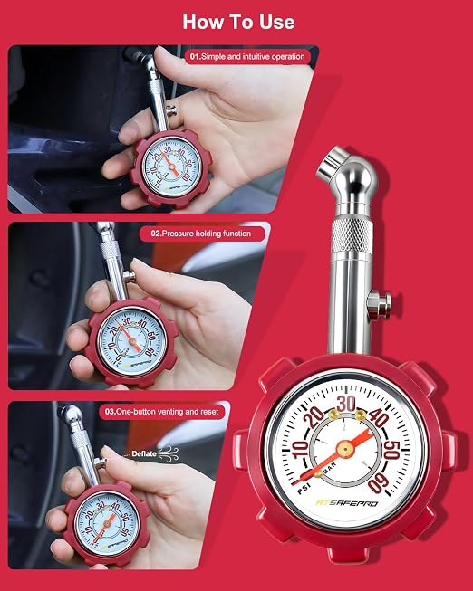 Tire Pressure Gauge, 5-60 PSI, ANSI B40.1 Certified, Extended 360° Swivel Head, Hold & Bleed Button, Dual Guard,Tire Gauges Fit for Cars and Motorcycles - Compact & Battery-Free