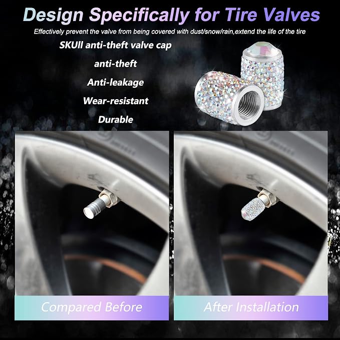 Car Wheel Tire Valve Caps, 4 PCS Bling Tire Valve Caps, Crystal Tire Caps Shinny Rhinestone for Women, Universal Car Dustproof Tire Valve Caps for Cars, Trucks, SUV and Motorcycles (AB)