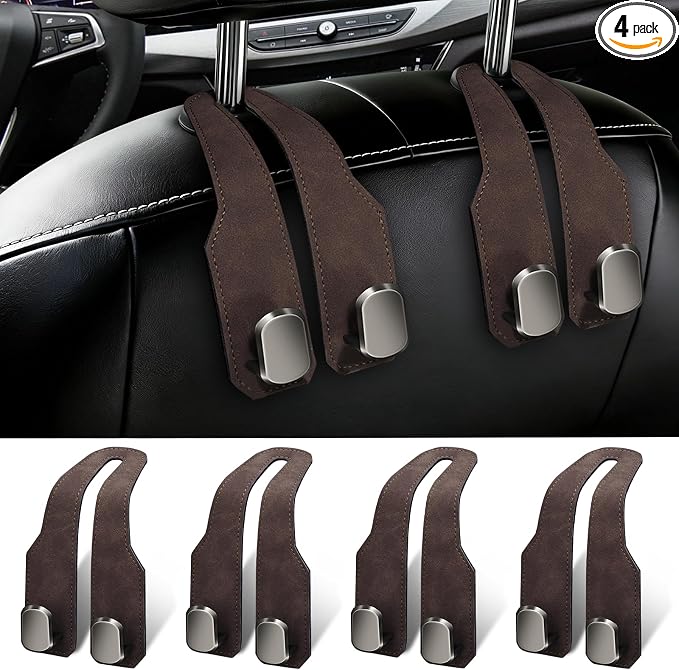 4 Pack Car Seat Headrest Hooks for Purses and Bags, Car Purse Holder With Double Metal Hooks, Headrest Back Seat Handbags Hook, Universal Car Purse Hanger, Cute Car Hanging Accessories, Brown