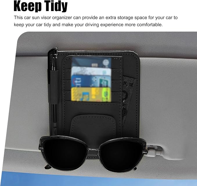 Car Sun Visor Organizer, Multi-Pocket Leather Auto Visor Storage Bag with Clip-on Design, Car Interior Organizer for Cards, License, Sunglasses and Pens, Universal for Most Cars (Black)