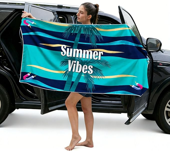 Magnetic Beach Towel | Extra Wide & Enhanced Magnet (75"x40"), Sand-Free Quick-Dry Microfiber for Car Door Changing, Beach, Pool | Includes Storage Bag, Travel & Camping (Coconut Sea Breeze)
