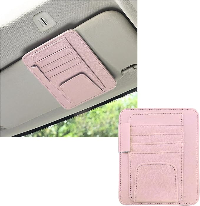Small Leather Car Sun Visor Organizer, Multifunctional Auto Visor Document Holder with Sunglasses Clip, Universal Car Interior Organizer for Drving License, Card, Pen (Pink)