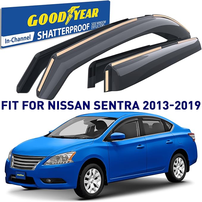 Goodyear Shatterproof in-Channel Window Deflectors for Nissan Sentra 2013-2019, Rain Guards, Window Visors for Cars, Vent Deflector, Car Accessories, 4 pcs - GY003482