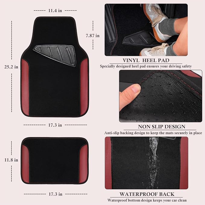 Faux Leather Steering Wheel Cover and Waterproof Car Floor Mats, Universal Car Combo Fit for 95% Sedan,SUV,Cars, 14.5-15inch Sporty Anti-Slip Safety Comfortable Design Burgundy