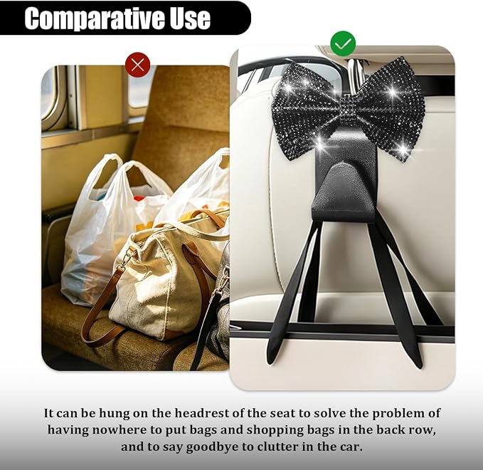 2PCS Bling Bow Car Seat Headrest Hooks, Crystal Rhinestone Vehicle Rear Seat Hanging Storage Hooks for Purses Bags Coats, Auto Headrest Storage Organizer, Universal Fit (Black)