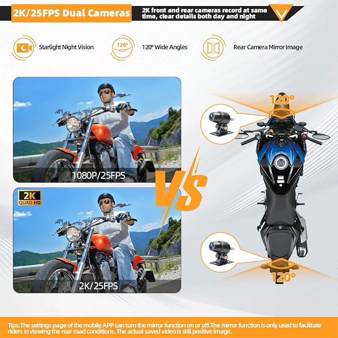 VSYSTO Motorcycle Dash Camera, Dual 2K Starlight Night Vision Cameras with 5G WiFi, Parking Monitoring, GPS, TPMS, Waterproof, Temperature Display, Low Voltage Protection (Q3PRO)