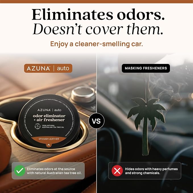 Car Air Freshener & Auto Odor Eliminator Pods Trio | Spanish Leather | Plant Powered by 100% Australian Tea Tree Oil | Long Lasting and No harsh chemicals | Made in USA | 3 Pack of 2oz Pods