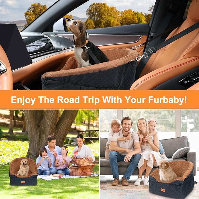 Dog Car Seat for Small & Medium Dogs, Detachable & Washable Booster Seat for Pets Up to 30lbs, Travel Bed with Storage Pockets and Safety Belt – Brown&Black