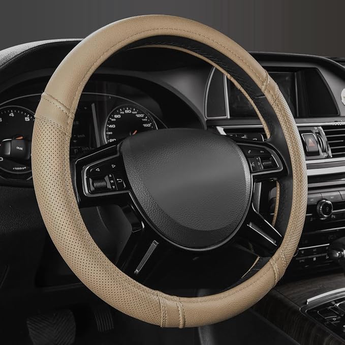 Classical Leather Automotive Universal Steering Wheel Covers,Universal Fit for Suvs,Trucks,Sedans,Cars,Vans,14.5-15inch Anti-Slip Safety Comfortable Desgin(Beige)