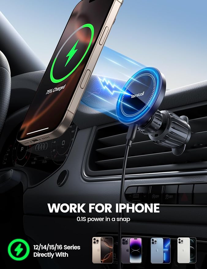 15W for MagSafe Car Mount Charger - [20X Strong Magnets] Wireless Car Phone Holder Charger, Magnetic Phone Holders for Car Vent Dash Accessories for Women Men for iPhone 17 Pro Max Black