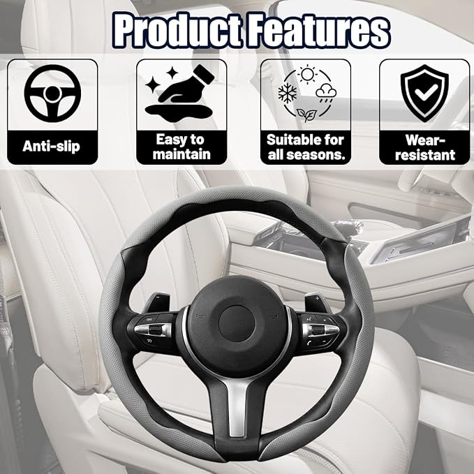 3PCS/Set Car Steering Wheel Cover, Leather Segmented Anti-Slip Automotive Wheel Protector, Soft Breathable Vehicle Steering Protection Covers, Universal Interior Accessories (Gray)
