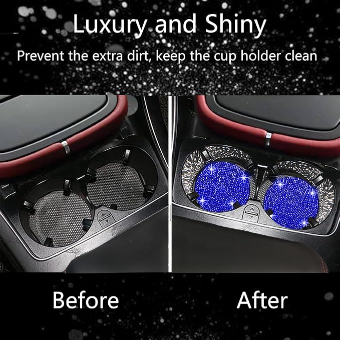 2pcs Bling Car Cup Holder Coaster, 2.75 inch Anti-Slip Shockproof Universal Fashion Car Coasters Insert Bling Crystal Rhinestone Automotive Interior Accessories for Women (2 pcs, Blue)
