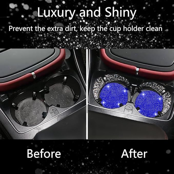 4pcs Bling Car Cup Holder Coaster, 2.75 inch Anti-Slip Shockproof Universal Fashion Car Coasters Insert Bling Crystal Rhinestone Automotive Interior Accessories for Women (Blue)