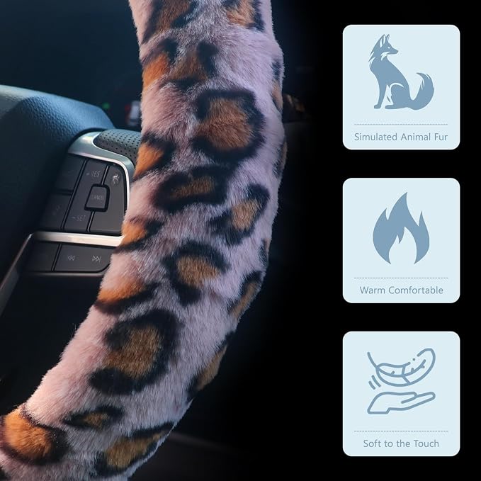 Pink Fuzzy Cheetah Car Steering Wheel Cover for Women Girls,Leopard Warm Fluffy Vehicle Wheel Protector Car Accessories for Men Women,15 Inch,Fit for Cars, Auto, SUVs