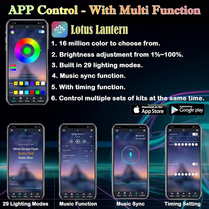 Interior Car LED Strip Lights, RGB 6 in 1 Ambient Lighting Kits with 315 inches Fiber Optic, 16 Million Colors APP Wireless Control Car Neon Lights, with Music Sync Function