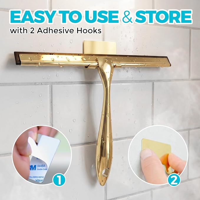 2pcs Shower Squeegee for Glass Doors with Adhesive Hanging Hook Set | 12” gold, bathroom accessories, window cleaner, new home essentials, soft rubber blade, metal handle, ergonomic grip
