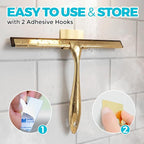 2pcs Shower Squeegee for Glass Doors with Adhesive Hanging Hook Set | 10” gold, bathroom accessories, window cleaner, new home essentials, soft rubber blade, metal handle, ergonomic grip