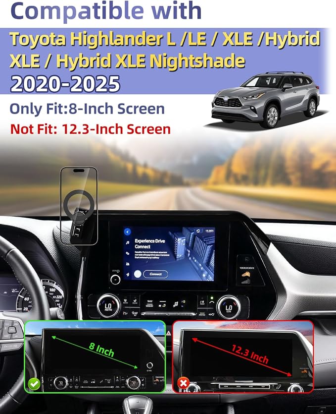 Car Phone Mount for 2020-2026 Toyota Highlander 8-inch Screen Accessories | L/LE/Hybrid XLE Magnetic Cell Phone Holder with Magsafe 360° Rotation Hands-Free Not Affect Air Vent (Not fit 12.3 inch)