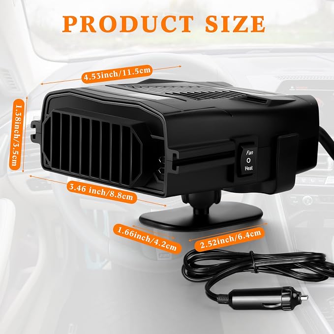 2 Pcs 12v 150w Car Heater for Vehicle Plugs into Cigarette Lighter with 360° Rotatable Base, 2 in 1 Portable Winter Windshield Defroster Electric Defogger Warmer for Car Suv Universal(Black)
