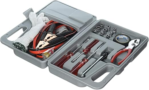 Roadside Emergency Car Kit - 30-Piece Road Trip Essentials Tool Set with Jumper Cables and Carrying Case for Car, Truck, or RV by (Gray/Red)