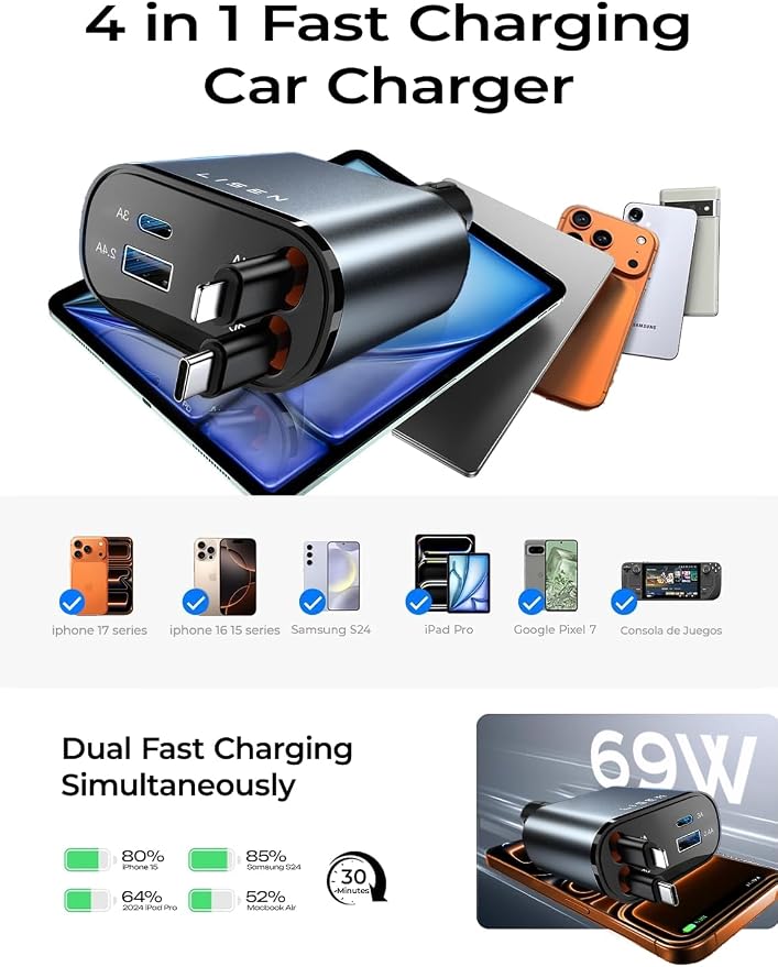 Retractable Car Charger [RV Power Adapters ] for iPhone 17 USB C Charger Fast Charging, Travel Essentials Gifts for Women Men, Early Today 2025