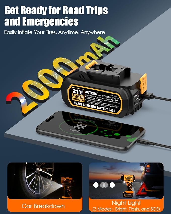 Cordless Tire Inflator, 180PSI Portable Air Compressor with 21V Rechargeable Battery & 12V DC Car Adapter, Fast Inflation Digital Pump for Cars, Motorcycles, Bikes & Sports Balls - Black Yellow