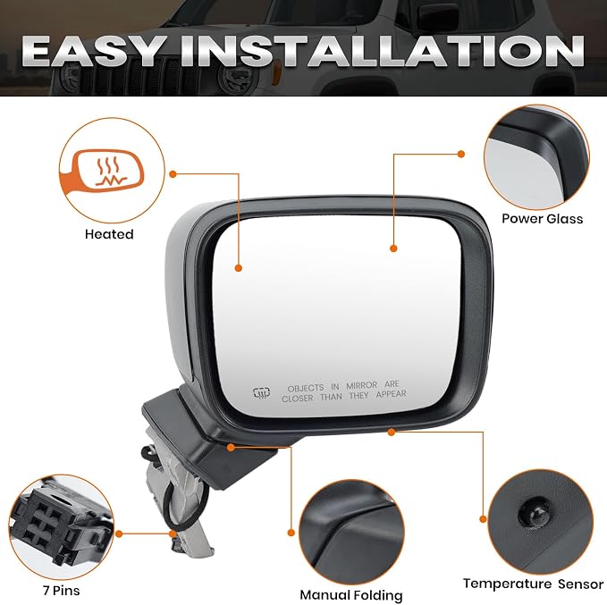 Right Passenger Side Mirror Compatible with Jeep Renegade 2015-2025 Temperature Sensor Heated Manual Folding Power Glass Paintable Black (5+2 Pins)