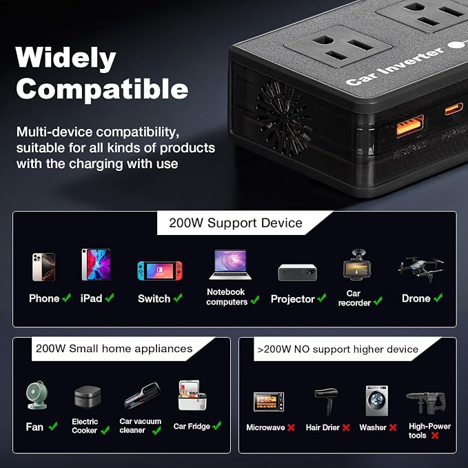 200W Car Power Inverter, Amcelooy Dual DC 12V to 110V AC Car Outlet Adapter to Wall Plug, Fast Charging 24W USB-C & USB Ports,Car Charger Cigarette Lighter Adapter for Phone,Laptop on Road Trip(Black)