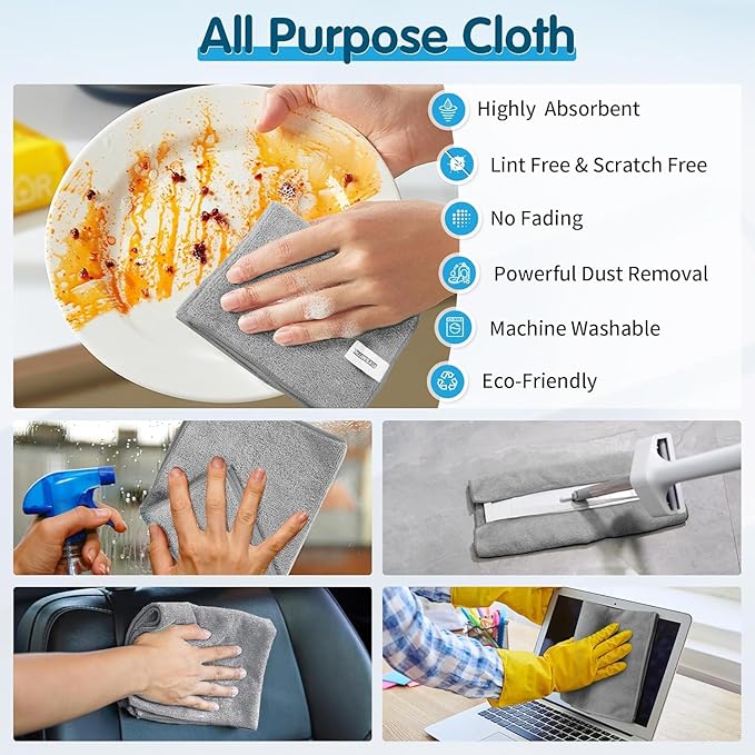 Grey Microfiber Cleaning Cloth -Pack of 24, Highly Absorbent Cleaning Rags, 16"X12" All Purpose Cleaning Towels for Housekeeping, Kitchen, Car, Lint Free and Reusable Microfiber Towels