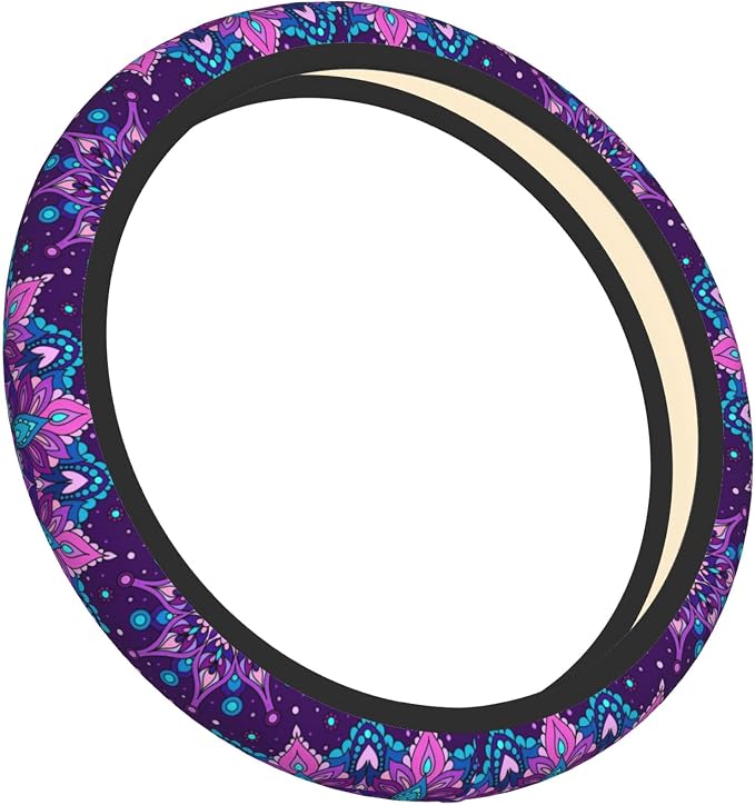Purple Galaxy Flower Steering Wheel Cover for Women Girls Abstract Mandala Floral Universal 15 Inch Auto Neoprene Case Anti-Slip Car Wheel Protector