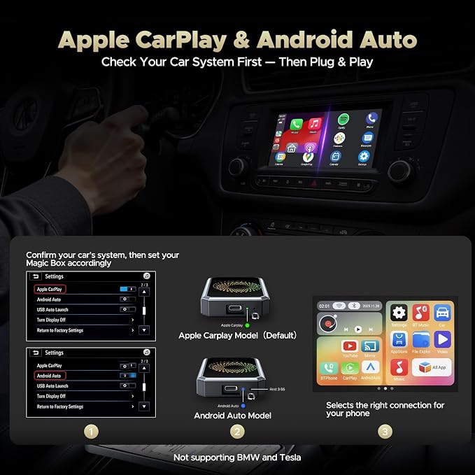 3-in-1 Wireless Carplay Adapter Magic AI Box with YouTube TikTok APPs Upgrade Wired Car Play to Wireless Support USB Drive for iPhone 10+ and Android 13+