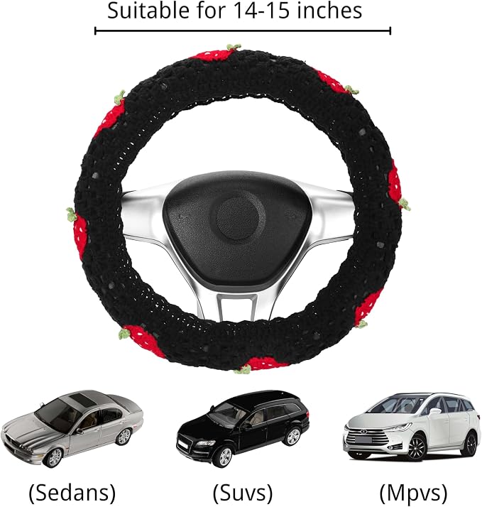 Crochet Steering Wheel Cover Set,Cute Car Steering Wheel Cover Boho 14-15in,Pink Strawberry Granny Square Pattern,Women Car Accessories (Black (Steering+Shift Knob) Cover)