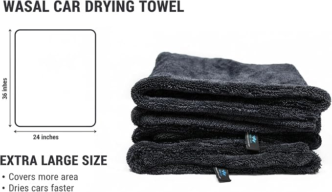 Wasal Car Drying Towel, 24" x 36" XL | 1300 GSM Microfiber, Edgeless Twisted Loop Design, 70/30 Blend, Super-Fast Drying, Streak Free