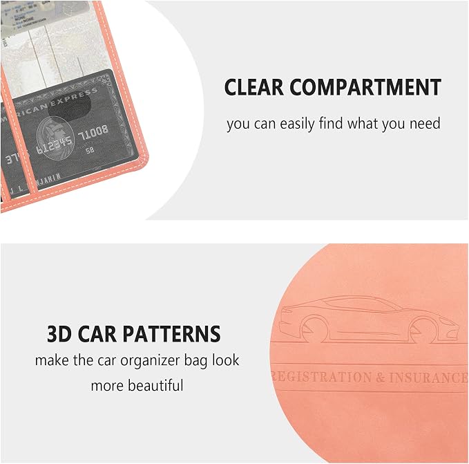Car Registration and Insurance Holder,PU Leather Car Glove Box Organizer Car Document Holder for ID,Driver's License,Universal Car Organizer Car Accessories for Women/Men (Pink)
