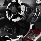 6PCS Set car Interior Aesthetic Accessories, Fluffy Cute Cows Steering Wheel Cover, armrest pad, seat Belt Cover,Gear Shift Cover, Fit Girly car