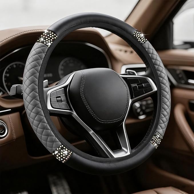 Bling Soft Leather Steering Wheel Cover, Steering Wheel Protector, 15 Inch Rhinestones Car Elastic Protector with Crystal Diamond for Women Girls, Car Accessory for Vehicles (Grey)