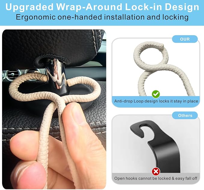 Car Seat Back Organizer Hooks 2 Pack with Anti-Drop Loop - Beige Leather/2S | Space Saving Car Headrest Hangers for Women Men, Universal Car Bag Holder for SUV Truck for Front and Back Seat Storage