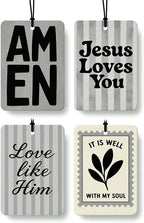 Grey Boho Christian Car Air Freshener 4 Pcs Coconut Scented, Jesus Loves You Car Accessories Mirror Decor, Inspirational Religious Hanging Air Freshener for Cars Closet Drawer Books Kids Room