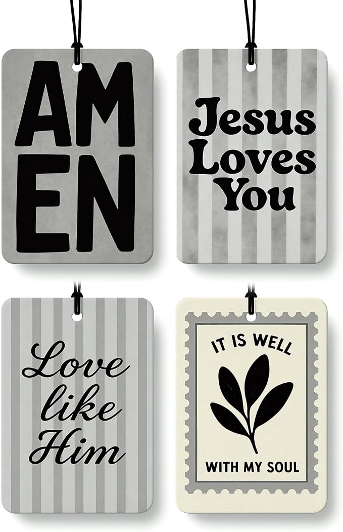 Grey Boho Christian Car Air Freshener 4 Pcs Coconut Scented, Jesus Loves You Car Accessories Mirror Decor, Inspirational Religious Hanging Air Freshener for Cars Closet Drawer Books Kids Room