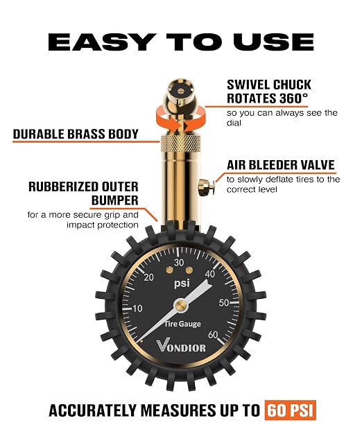 Tire Pressure Gauge - (0-60 PSI) Heavy Duty, Certified ANSI Accurate with Large 2 Inch Easy to Read Glow Dial, Low - High Air Pressure Gauge. Tire Gauge for Car and Trucks Tires by