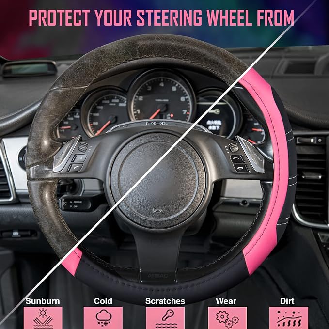 Line Rider Microfiber Leather Sporty 14.5-15 inch Steering Wheel Cover Universal Fits for 95% Truck,SUV,Cars, Anti-Slip Safety Comfortable Design (Black Pink)