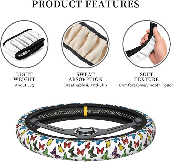 Universal 15-Inch Steering Wheel Cover, Colorful Butterfly Print Neoprene Car Handle Protector, Non-Slip & Durable Auto Decor, Breathable Steering Wheel Wrap for Men and Women