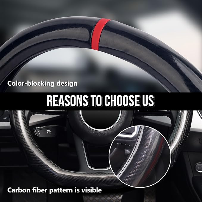 Steering Wheel Cover Carbon Fiber, D Shaped Car Wheel Cover 14 1/2-15 in (37-39 cm), Black